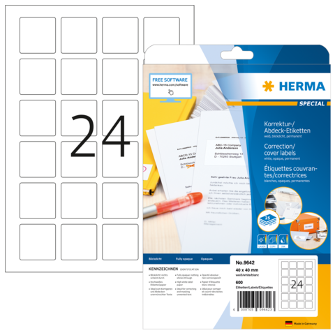 Korrektur- und Abdecketiketten von Herma, Packung mit 600 Etiketten, Größe 40 x 40 mm, auf einem weißen Blatt mit 24 Etiketten.