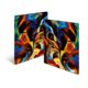 Abstrakte Kunst mit lebendigen Farben, die zwei stilisierte Gesichter und dynamische Formen darstellt.