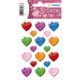 Bunte Herzaufkleber in verschiedenen Farben und Größen auf einem Bogen, beschriftet mit "Love Stickers".