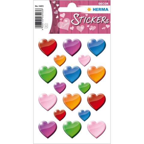 Bunte Herzaufkleber in verschiedenen Farben und Größen auf einem Bogen, beschriftet mit "Love Stickers".