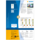 Produktinformation von HERMA mit QR-Code, Softwarehinweisen und Beispielen für Etikettendesigns in verschiedenen Farben und Formaten.