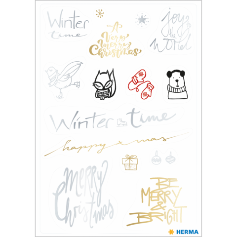 Winterliche Motive und Texte, darunter "Merry Christmas", "Winter time" und "Be merry & bright", sowie verschiedene Illustrationen von Tieren und Geschenken.