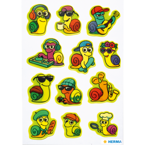Colorful stickers of snails in various poses, including listening to music, playing guitar, and cooking, with different accessories.