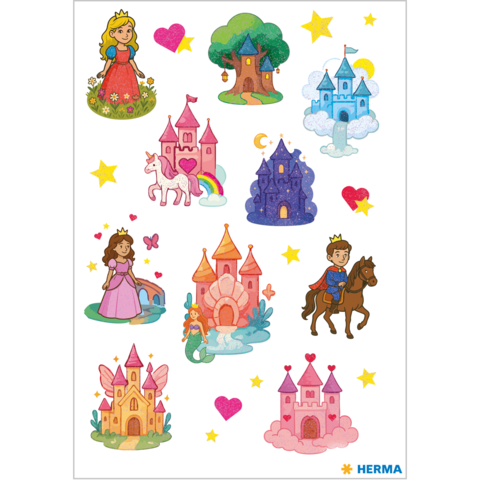 Colorful stickers featuring princesses, castles, unicorns, a tree, and hearts on a white background.