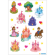 Colorful stickers featuring princesses, castles, unicorns, a tree, and hearts on a white background.