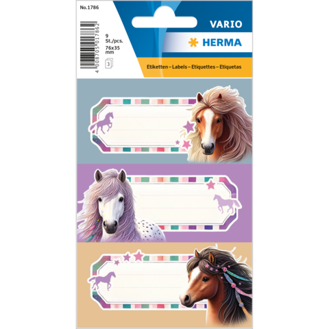 Drei Etiketten mit Pferdemotiven in verschiedenen Farben und Designs, jeweils mit Platz für Beschriftungen.