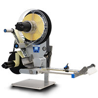 Labelling machine with roll holder, dispenser, and control unit, suitable for applying labels to products.