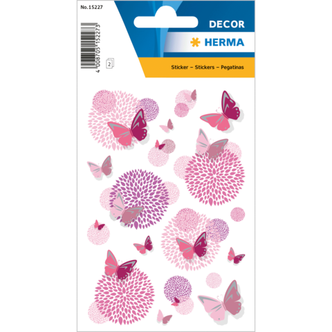 Bunte Aufkleber mit verschiedenen Schmetterlingen und kreisförmigen Mustern in Rosa- und Lilatönen.