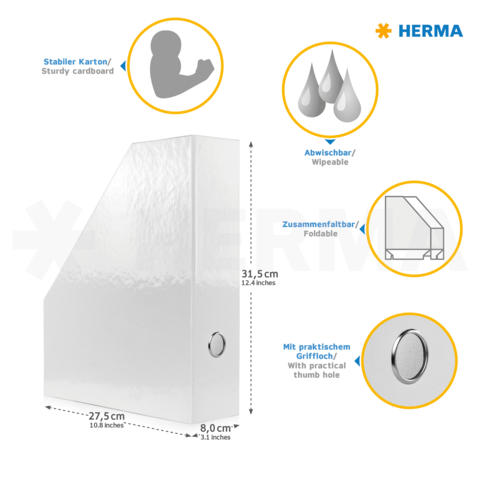 Stabiler Kartonordner mit abwischbarer Oberfläche, faltbar, praktischem Griffloch und Abmessungen von 31,5 x 27,5 x 8 cm.