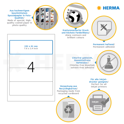 Hochwertige Etiketten von HERMA, 192 x 61 mm, für Inkjet-Drucker geeignet, mit permanentem Haftkleber und umweltfreundlicher Verpackung.
