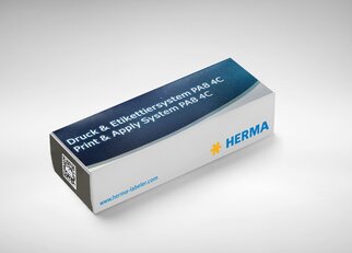Packaging of a printing and labelling system with the label 'HERMA' and a QR code on the side.