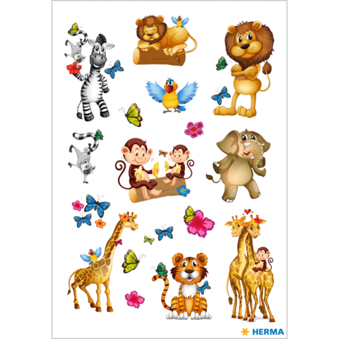 Bunte Tieraufkleber mit einem Löwen, Zebra, Affen, Elefant, Giraffen und Vögeln, umgeben von Schmetterlingen und Blumen.