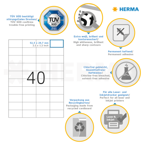 TÜV SÜD confirms trouble-free printing. It includes information on liability, materials, and usage for laser and inkjet printers.