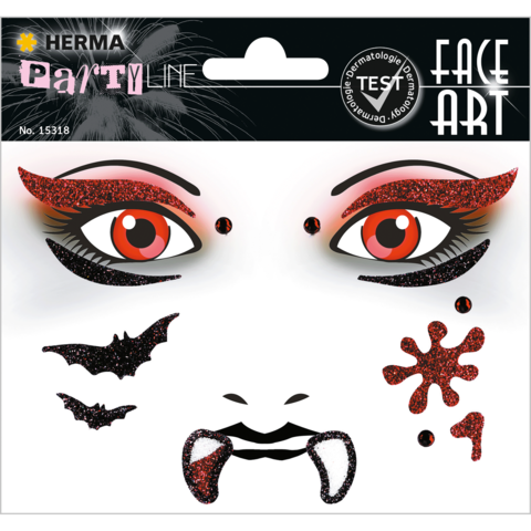Schminkset mit glitzernden Augenaufsätzen, Fledermäusen und dekorativen Elementen für Gesichtsbemalung, ideal für Partys oder Halloween.