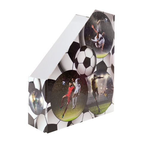 Ein Fußballordner mit Bildern von Spielern in Aktion, umgeben von Fußballmotiven. Ideal für Sportdokumente oder Fanartikel.