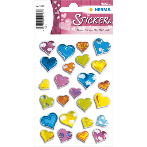 Bunte Herzaufkleber in verschiedenen Farben und Designs, angeordnet auf einem Stickerbogen.