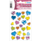 Bunte Herzaufkleber in verschiedenen Farben und Designs, angeordnet auf einem Stickerbogen.