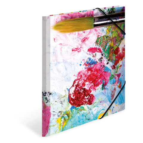 Ein Pinsel liegt auf einer bunten Palette mit verschiedenen Farbschichten in Rot, Blau, Grün und Gelb.