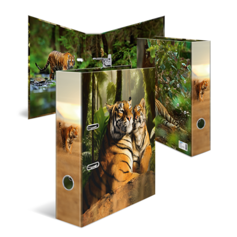 Folder with tiger motifs, featuring a pair of tigers and a cub in a jungle setting.