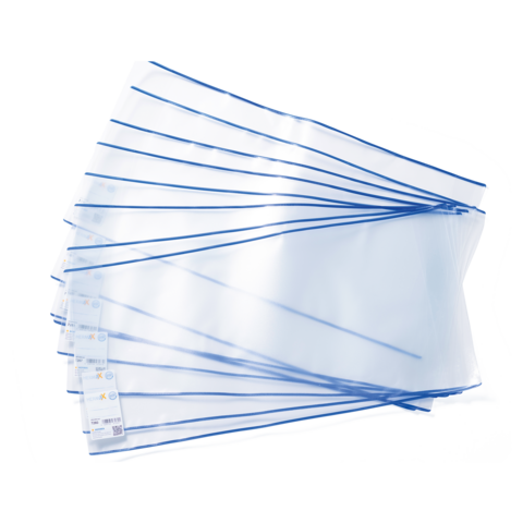 Transparente Dokumentenhüllen mit blauen Rändern, gestapelt in einer Reihe. Ideal zum Schutz und zur Organisation von Unterlagen.
