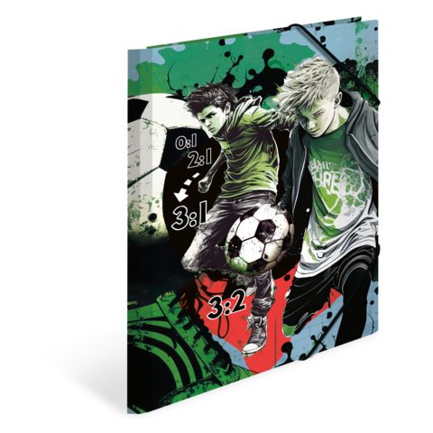 Zwei Fußballspieler in dynamischer Pose, umgeben von grafischen Elementen und Spielständen. Farbenfrohes, modernes Design.