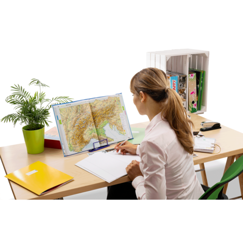Eine Person sitzt an einem Schreibtisch, betrachtet eine Landkarte und macht Notizen in ein Notizbuch. Pflanzen und Ordner sind im Hintergrund sichtbar.