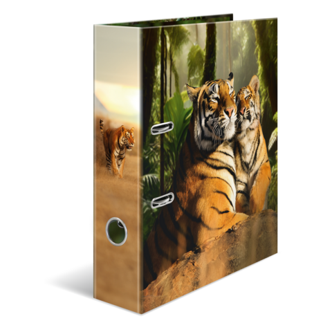 A folder with a picture of two tigers relaxing in a natural setting, while a third tiger is visible in the background.