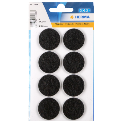 Schwarze Filzgleiter in einer Verpackung mit acht runden Pads, Durchmesser 28 mm, geeignet für Möbel oder empfindliche Oberflächen.