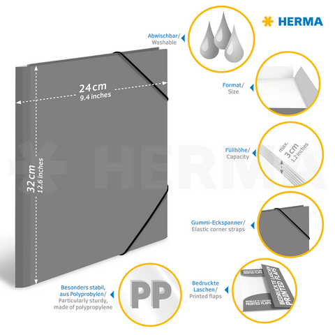 Gray folder with elastic corners, wipeable, 24 cm x 32 cm, made of polypropylene, featuring printed tabs and a sturdy construction.