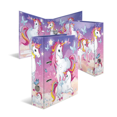 Ordner mit Einhorn-Motiv, verziert mit bunten Einhörnern und Schmetterlingen auf lila Hintergrund. Ideal für Kinder.