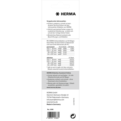 HERMA Etiketten mit gedruckten Jahreszahlen für einfache Organisation. Enthält Informationen zu Größen und Bestellnummern.