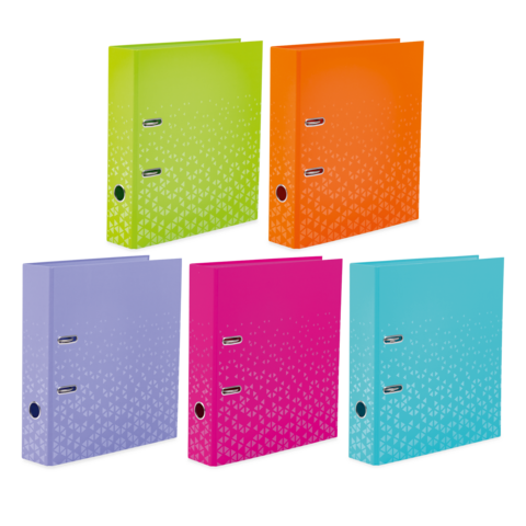 Five colored binders in different colors: green, orange, purple, pink, and turquoise, featuring a textured design and two metal clips.