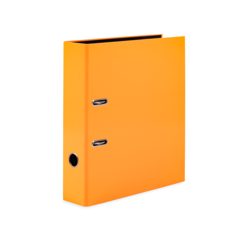 Ein orangefarbener Ordner mit zwei Metallringen und einer Öffnung an der Seite.