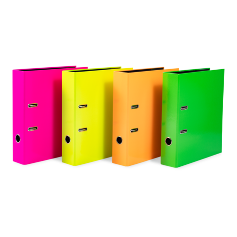 Four colored binders in pink, yellow, orange, and green, standing upright, with two holes on the front.