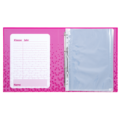A pink binder with a blank label field for class, year, and name, along with a clear sleeve for documents.