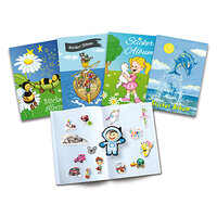 Group picture sticker albums with various themes.