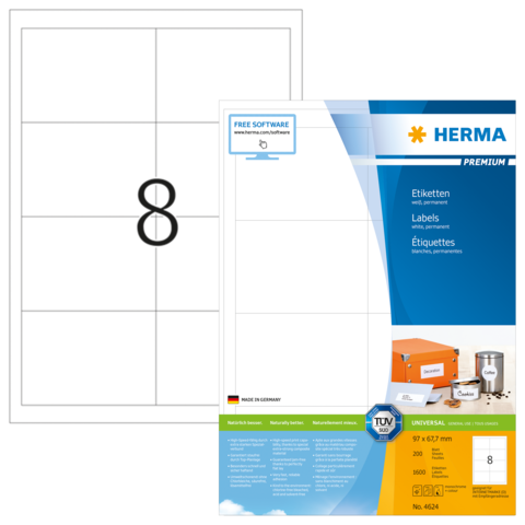 Etikettenblatt mit der Nummer 8, das 200 Etiketten im Format 97 x 627 mm zeigt, hergestellt von HERMA in Deutschland.