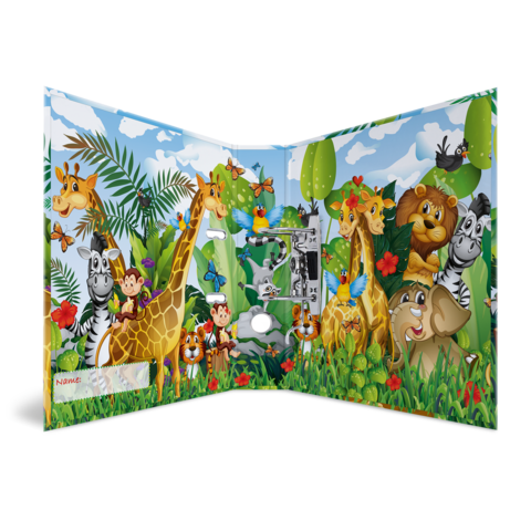 Ein aufgeschlagenes Kinderbuch mit bunten Tierillustrationen, darunter Giraffen, Elefanten und Zebras, umgeben von Pflanzen und Blumen.