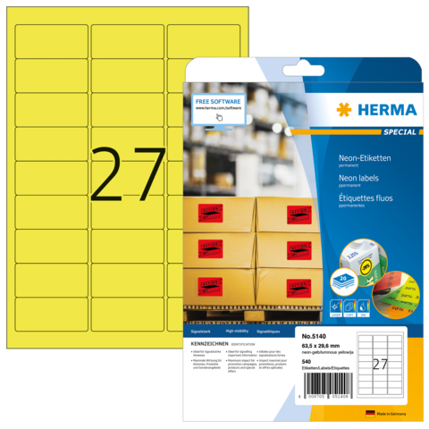 Neon-Etiketten auf einem Bogen mit der Nummer 27, verpackt in einer transparenten Hülle von HERMA.