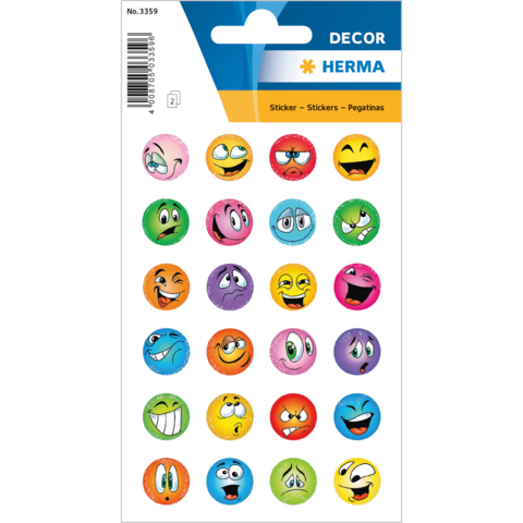 Bunte Aufkleber mit verschiedenen Gesichtsausdrücken, darunter lächelnde, traurige und überraschte Emojis, auf einem Stickerbogen.