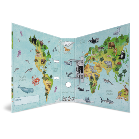 Weltkarte mit Tieren, die verschiedene Kontinente und Ozeane zeigt, einschließlich Illustrationen von Tieren und geografischen Bezeichnungen.