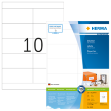 Etikettenpackung von HERMA mit der Aufschrift "10" und Informationen zu Größe und Verwendung. Enthält 200 Etiketten.
