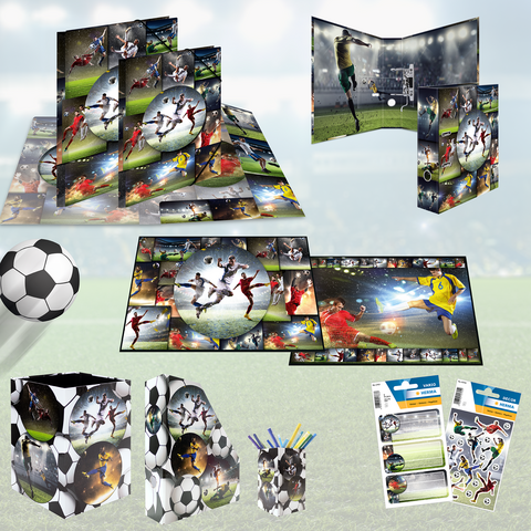 Various football items, including notepads, stickers, and a football, featuring action-packed scenes of players on the field.