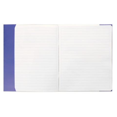 Offenes Notizbuch mit linierter Seitenansicht, links eine blaue Umschlagseite und rechts leere, beschriftbare Seiten.