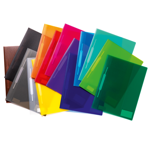 Bunte Kunststoffordner in verschiedenen Farben, angeordnet in einem Stapel.