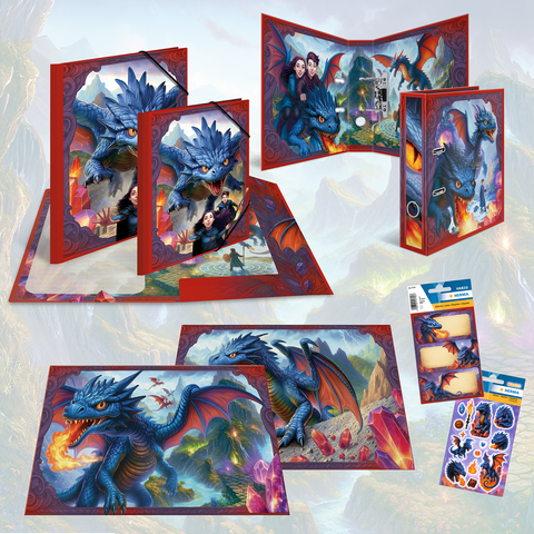 Office supplies featuring a dragon motif, including binders, folders, and stickers that depict a blue dragon and two characters.