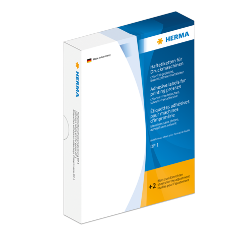 Herkömmliche Haftetiketten für Druckmaschinen in einer Verpackung von HERMA, mit Informationen zu Verwendung und Eigenschaften.