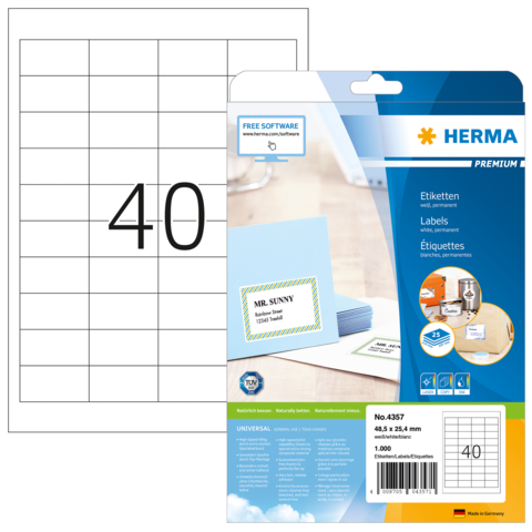 Etikettenpackung mit 40 Labels, inklusive Beispielkarten und Informationen zur kostenlosen Software. Verpackung zeigt Produktdetails und Maße.