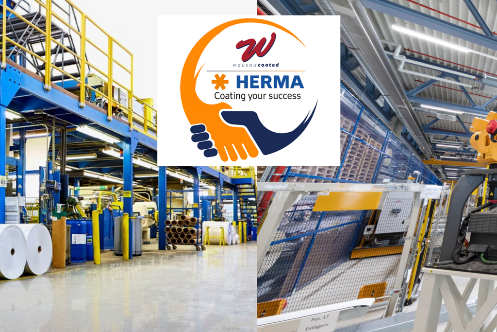 Industrial facility with machines for processing materials, robotics, and a HERMA logo displaying the slogan 'Catering your success.