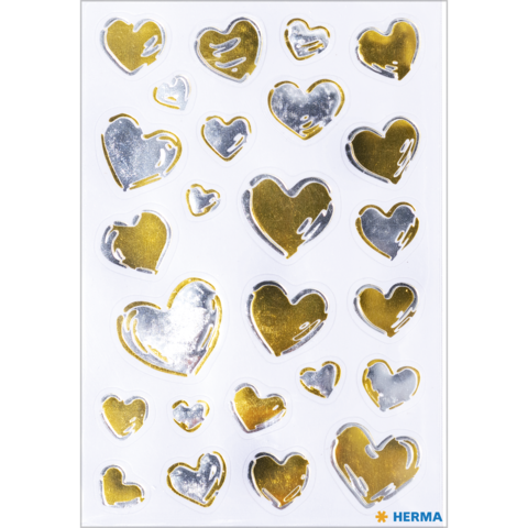 Bunte Herzaufkleber in verschiedenen Größen, in Gold- und Silberfarben, auf einem weißen Hintergrund angeordnet.
